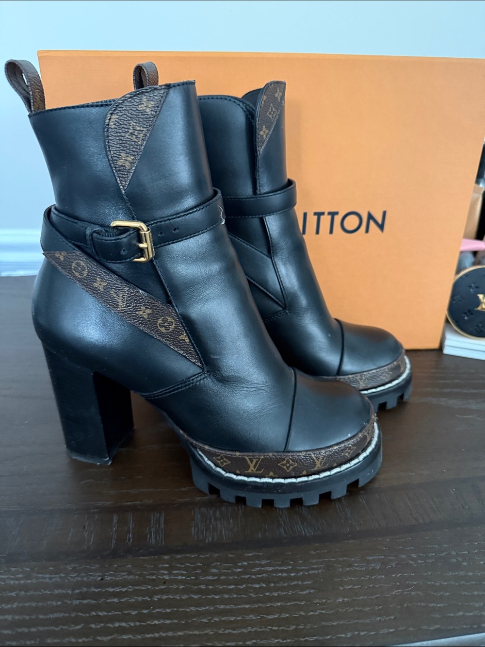 Louis Vuitton Black Leather Monogram-Trim Platform Ankle Boots